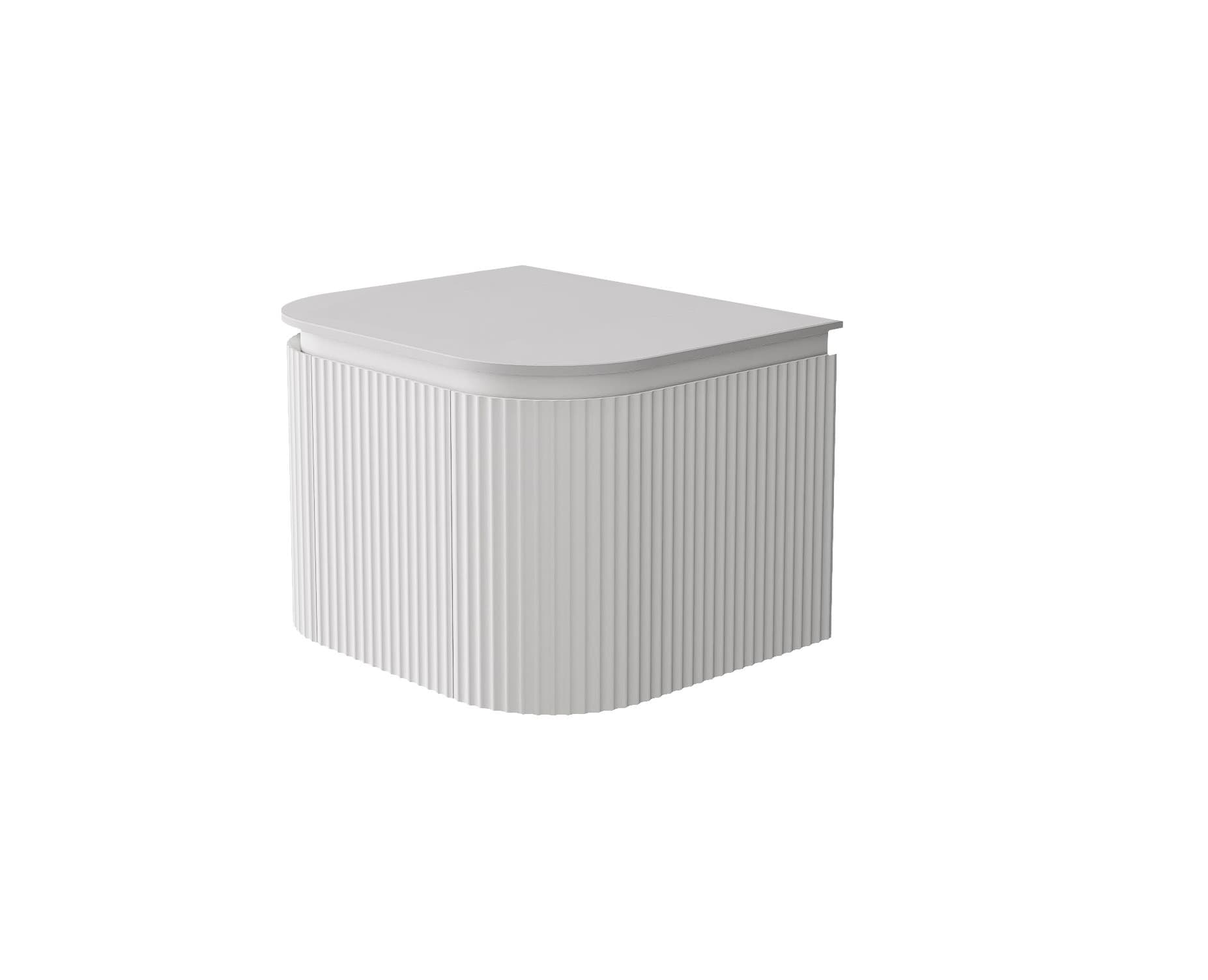 Side view of the Lukka Estella Curve 600mm Wall Hung Vanity in Matte White, highlighting the 495mm depth and curved edge profile.