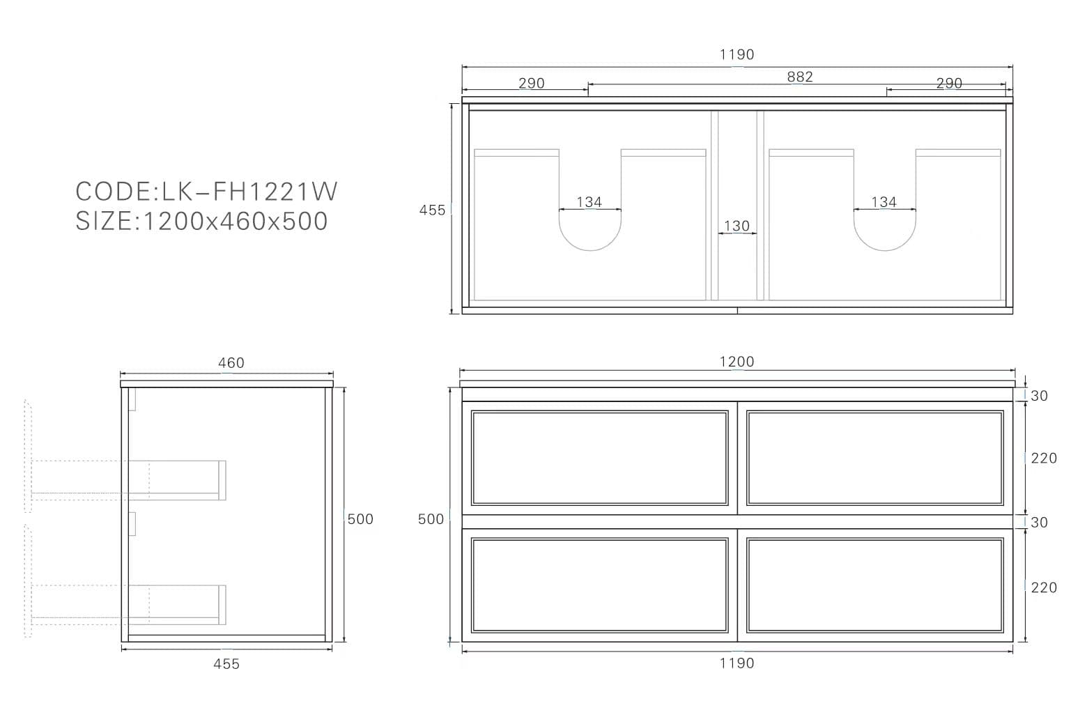 Technical drawing and dimensions for Lukka New Hamilton 1200mm Slim Wall Hung Vanity (1190 x 455 x 500mm).