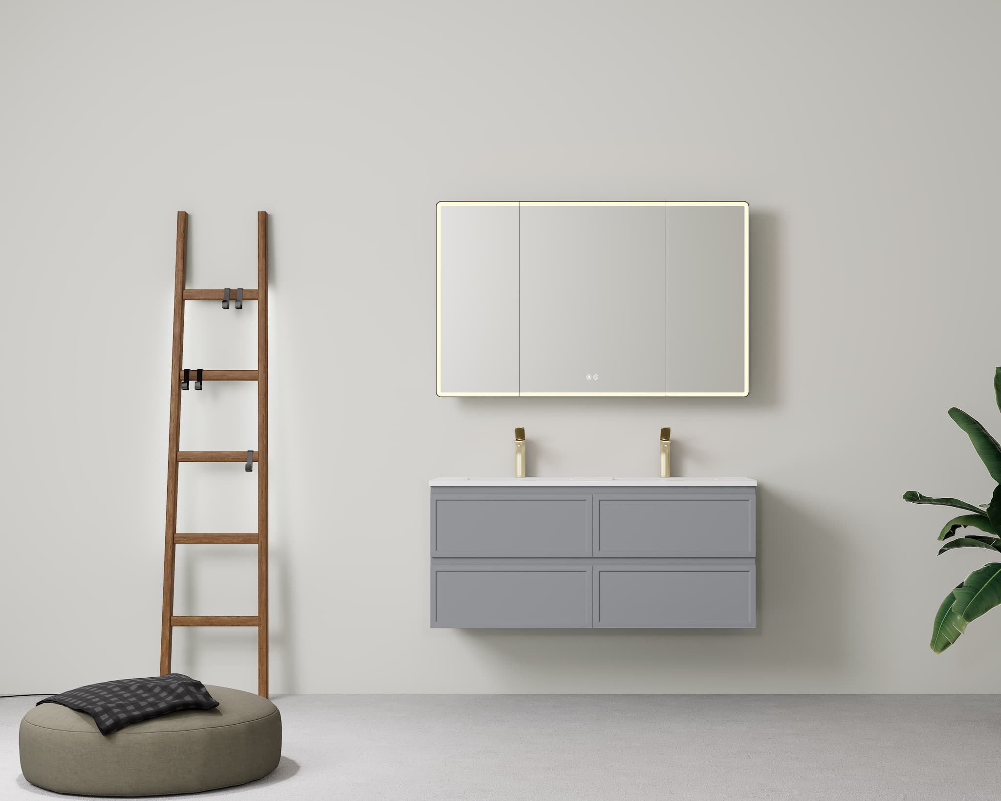 Elegant master bathroom with Lukka New Hamilton 1200mm Double Bowl Slim Wall Hung Vanity in Matt Grey, perfect for a chic and shared space.