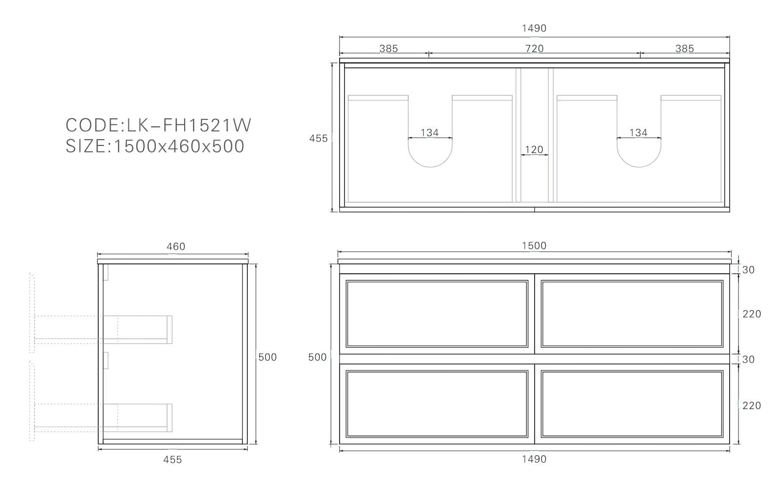 Technical drawing and dimensions for Lukka New Hamilton 1500mm Slim Wall Hung Vanity (1490 x 455 x 500mm).