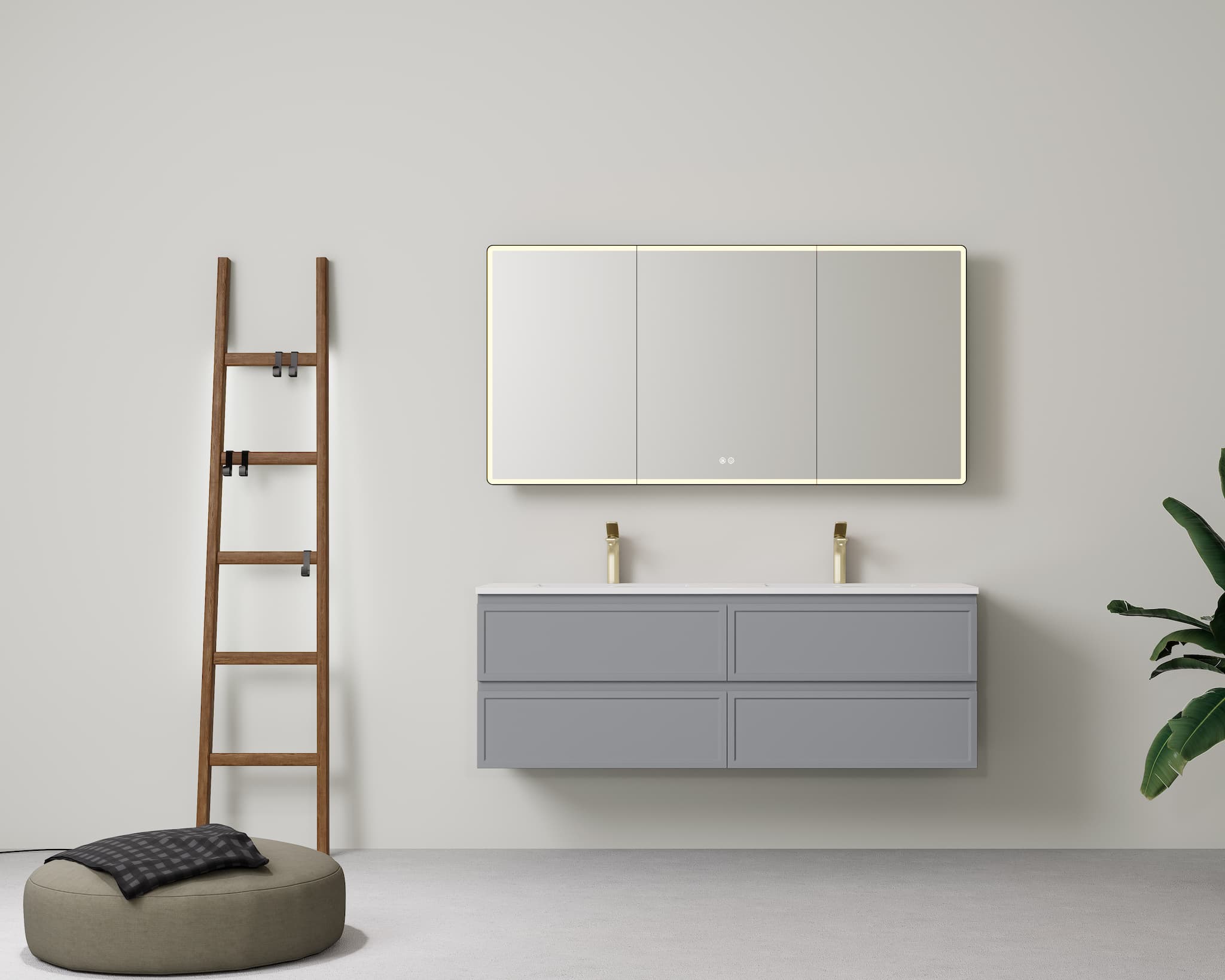 Grand contemporary bathroom featuring Lukka New Hamilton 1500mm Double Bowl Slim Wall Hung Vanity in Matt Grey, highlighting its dual functionality and premium finish.