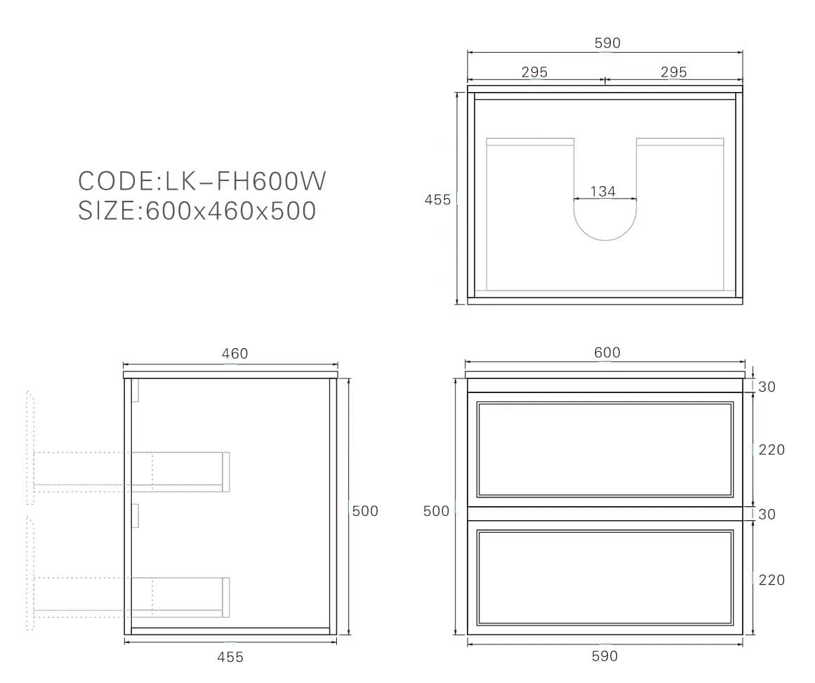 Technical drawing and dimensions for Lukka New Hamilton 600mm Slim Wall Hung Vanity (590 x 455 x 500mm).
