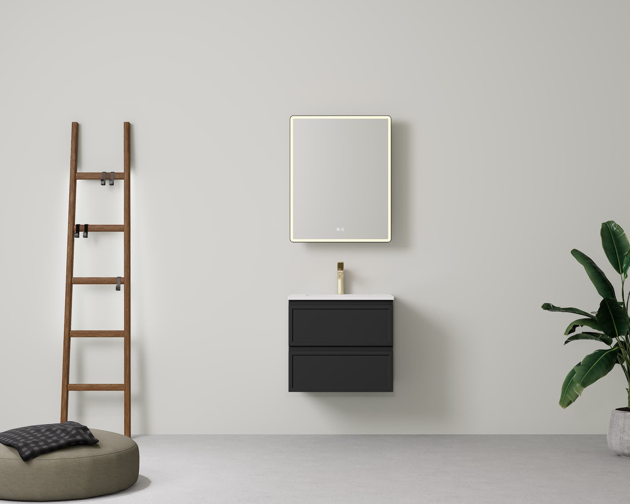 Lukka New Hamilton 600mm Federation Slim Wall Hung Vanity in Matt Black installed in a modern bathroom.