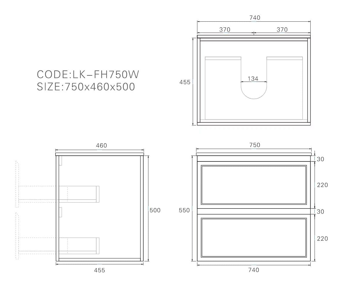 Technical drawing and dimensions for Lukka New Hamilton 750mm Slim Wall Hung Vanity (740 x 455 x 500mm).