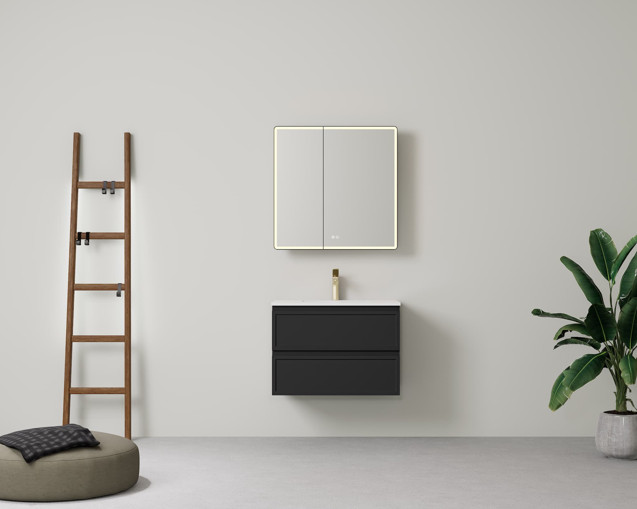 Lukka New Hamilton 750mm Slim Wall Hung Cabinet in Matt Black with a single bowl, enhancing a contemporary bathroom design.