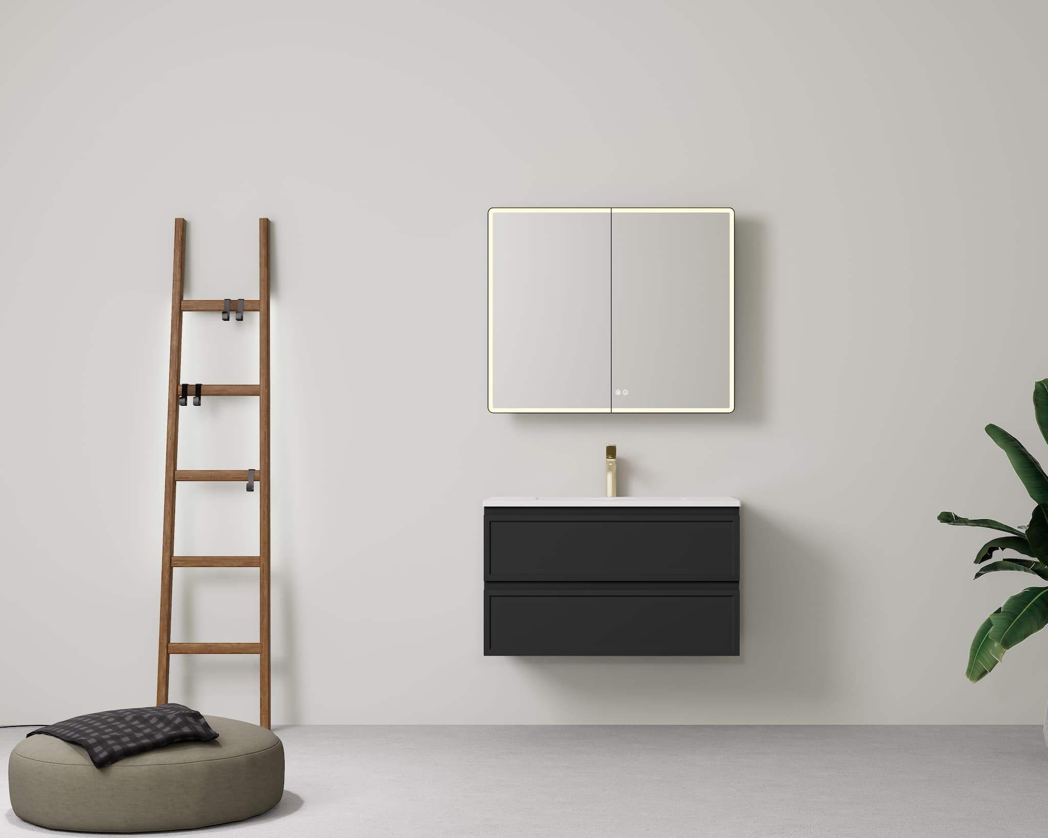 New Hamilton 900mm Federation V-groove Vanity in Matt Black, showing the single push-open drawer and wall-hung mounting.