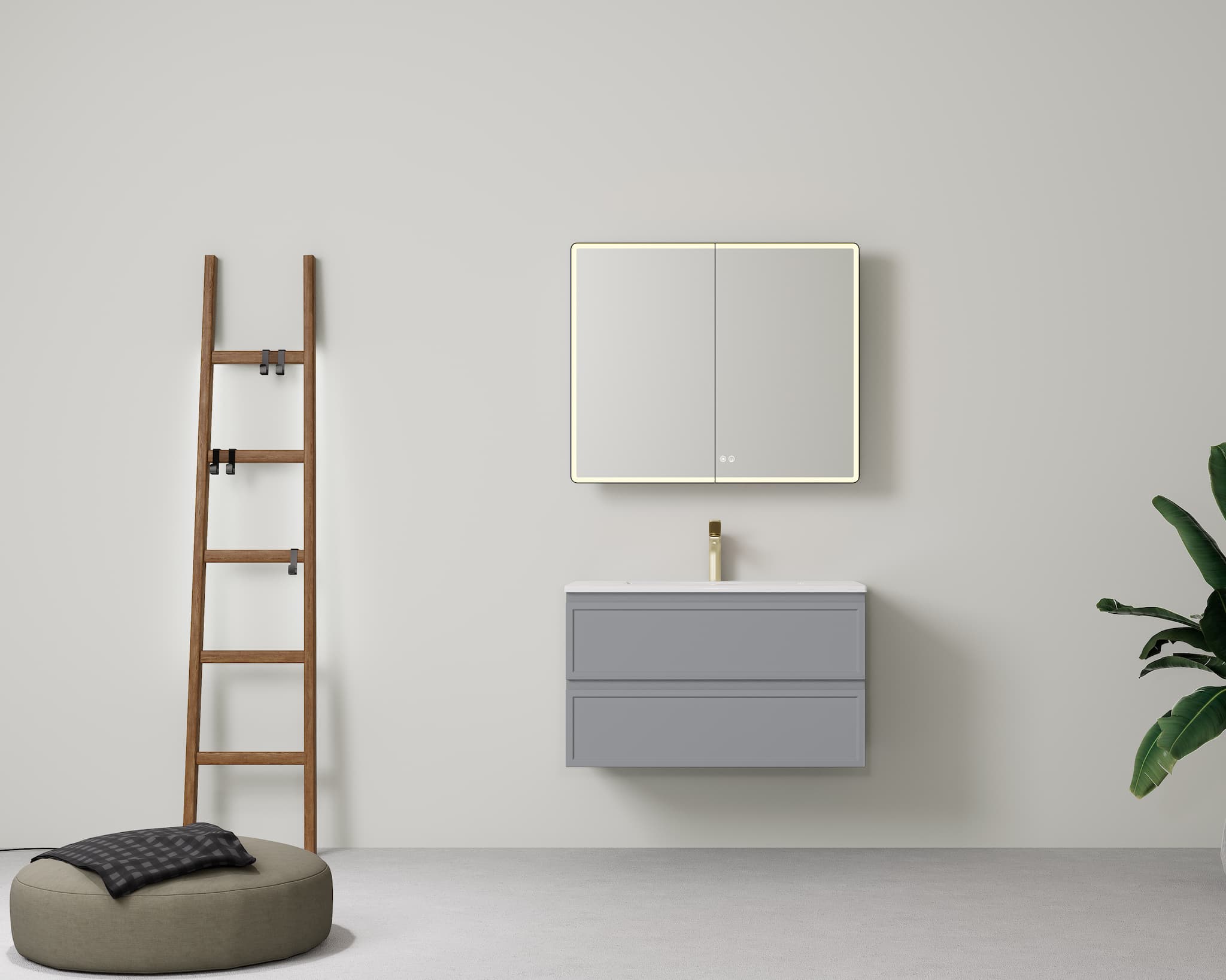 Stylish bathroom interior featuring Lukka New Hamilton 900mm Federation Slim Wall Hung Vanity in Matt Grey, designed for minimalist appeal.