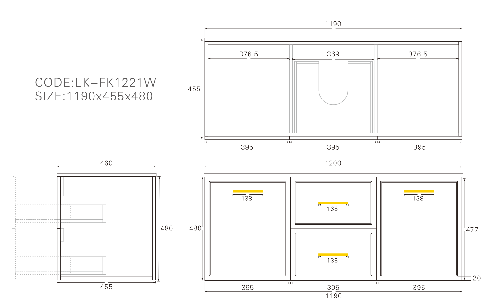 Lukka Kingsley Matt Black 1200mm wall-hung cabinet dimension diagram (length x depth x height).