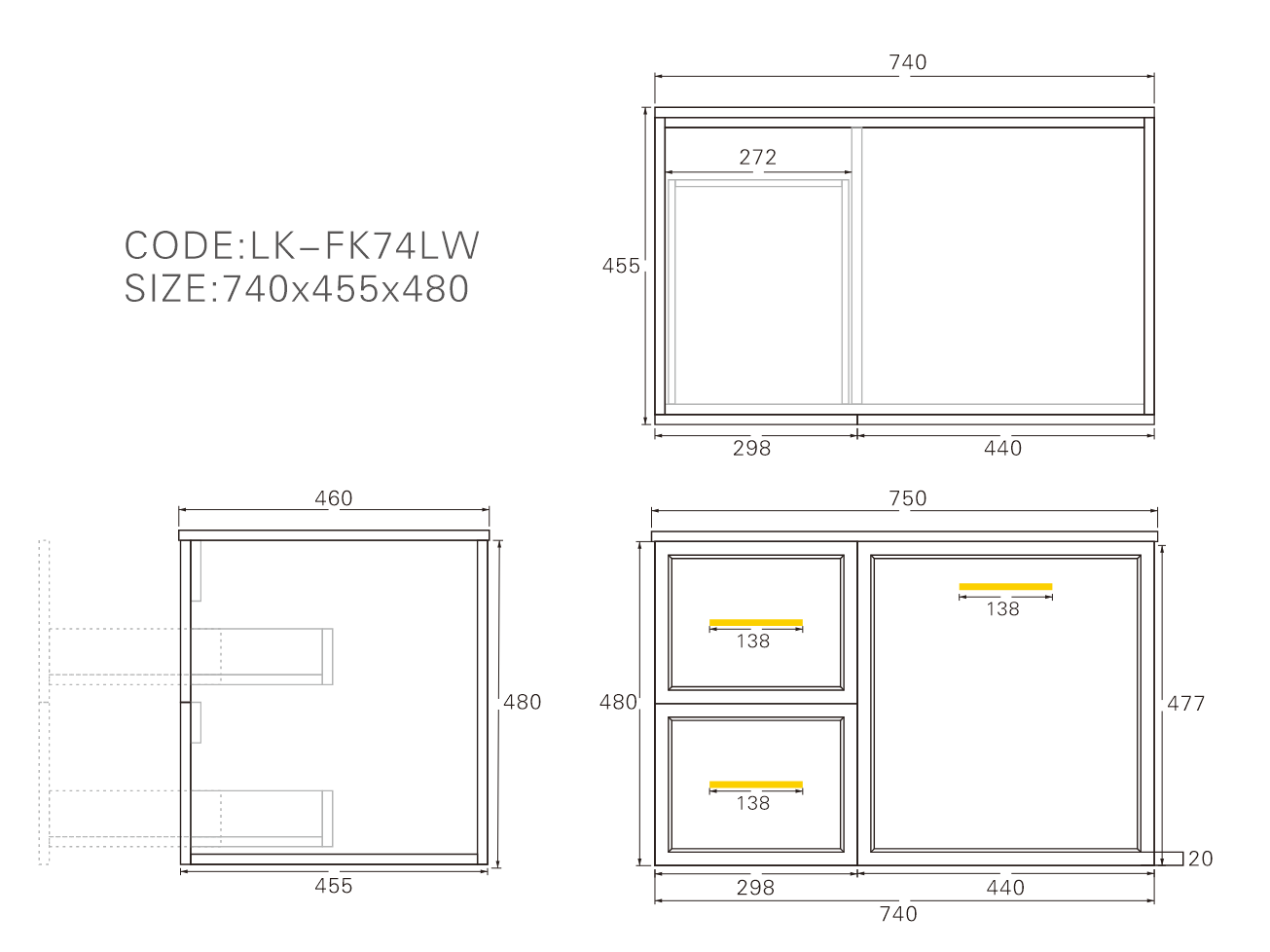 Lukka Kingsley Matt Black 750mm Left Drawer wall-hung cabinet dimension diagram (length x depth x height).