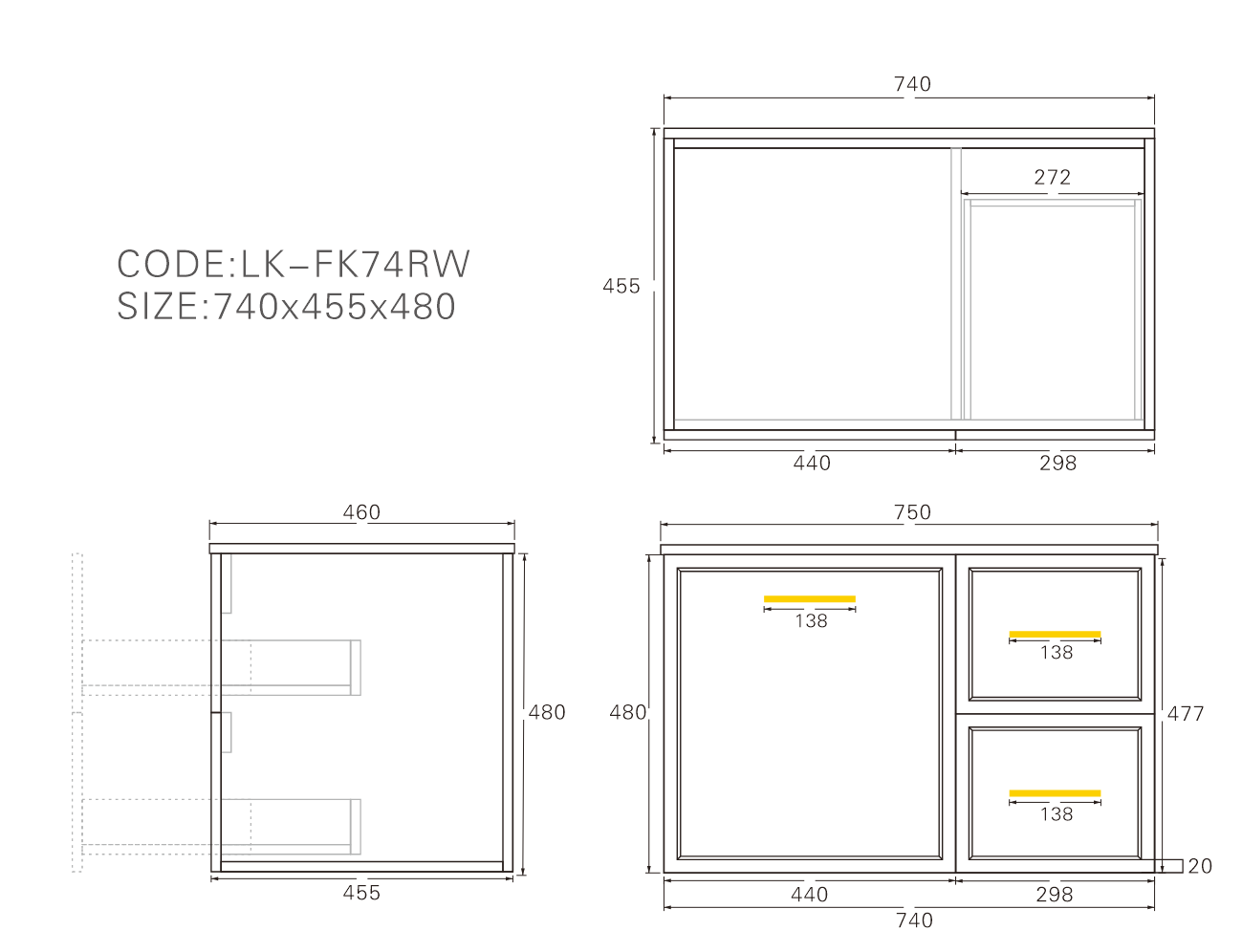 Lukka Kingsley Matt Black 750mm Right Drawer wall-hung cabinet dimension diagram (length x depth x height).