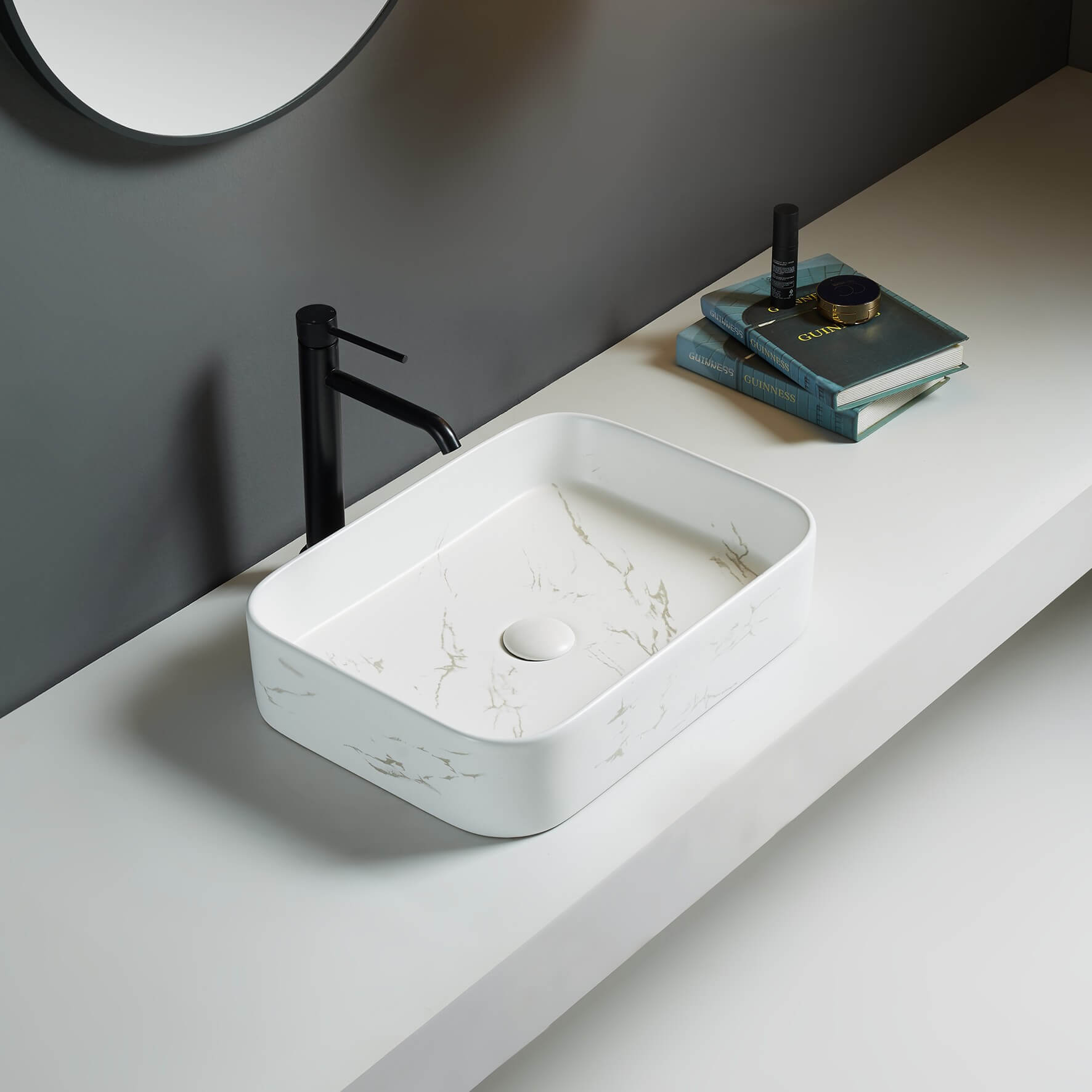 Lukka Kliff fine ceramic above counter basin in rectangular matt marble white finish, 505×370×110 mm, non-overflow, 32 mm waste