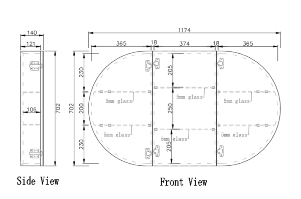 Technical drawing of oval bathroom vanity mirror with 5mm glass, side and front view, Secasa Home.