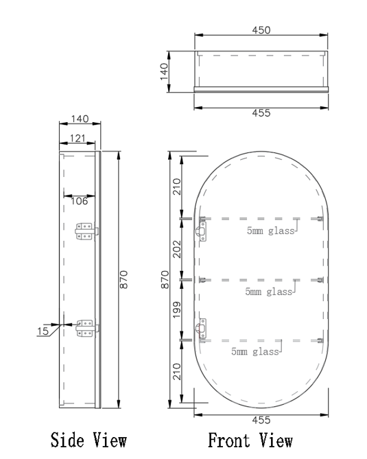 Oval bathroom mirror technical drawing with measurements, front and side views, 5mm glass shelves