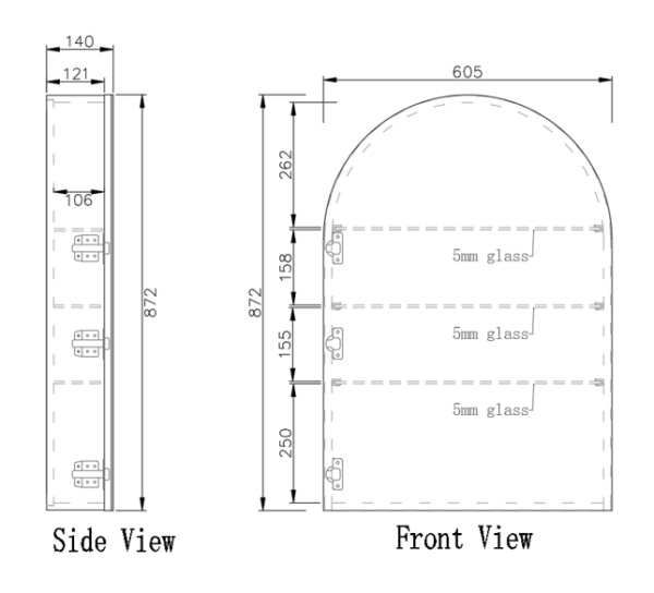 Arched bathroom mirror cabinet with dimensions and 5mm glass shelves, modern vanity design