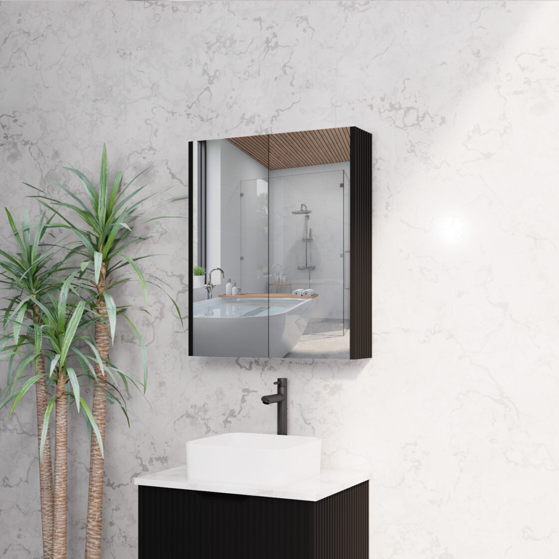 RIVA Geneva Matte Black Fluted Mirror Shaving Cabinet (450mm to 1500mm)