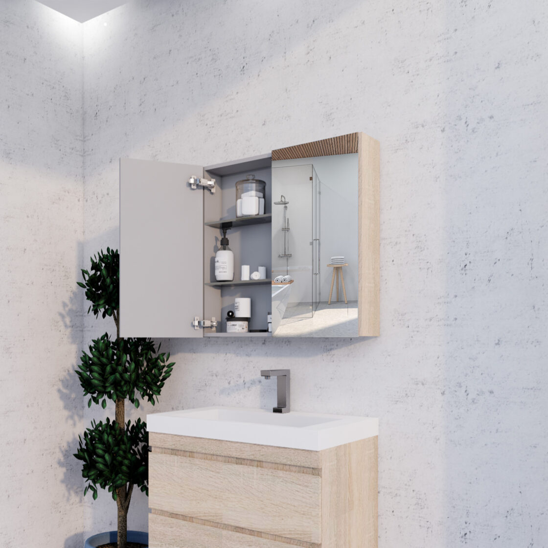 RIVA Geneva Mirror Shaving Cabinet – Light Oak (450mm to 1500mm)