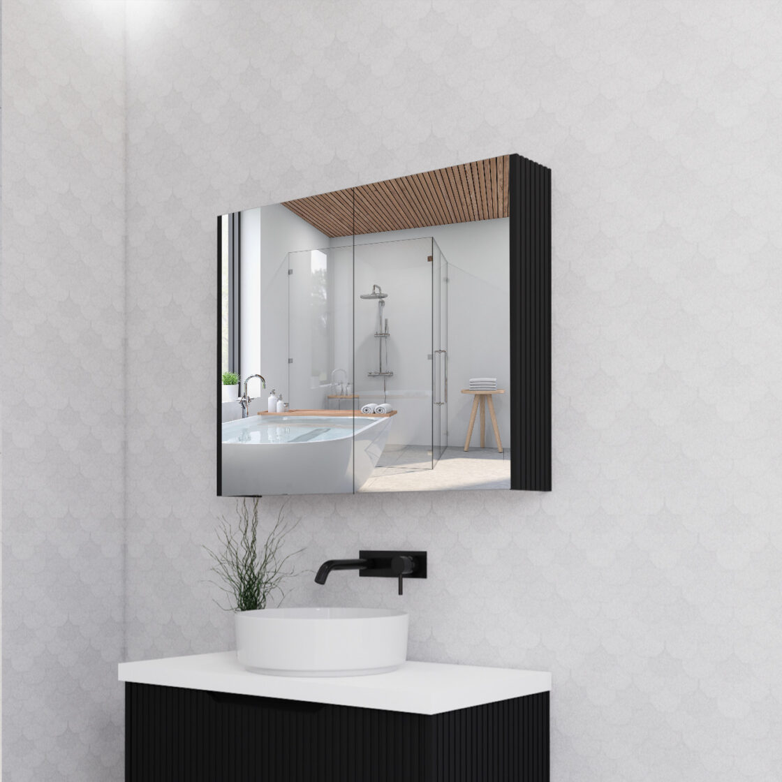 RIVA Geneva Matte Black Fluted Mirror Shaving Cabinet (450mm to 1500mm)