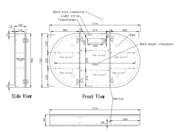 Oval illuminated bathroom mirror technical drawing with dimensions and installation details
