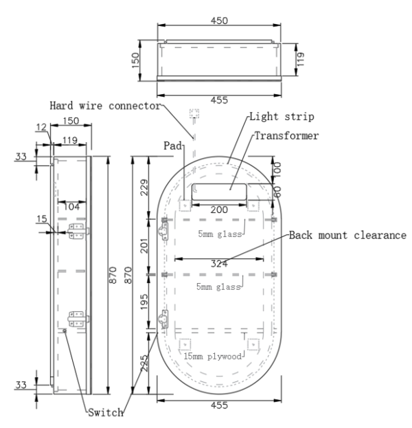 Oval LED bathroom mirror technical diagram with dimensions and mounting details, Secasa Home.