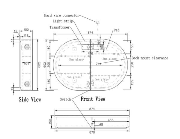 RIVA Paris LED Oval 870×600mm Shaving Cabinet l Matt Black/Matt White