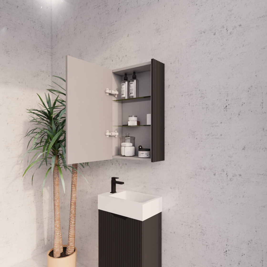 RIVA Geneva Matte Black Fluted Mirror Shaving Cabinet (450mm to 1500mm)