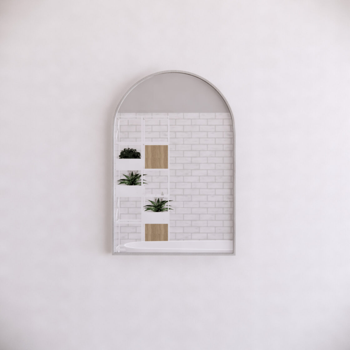Arched bathroom mirror with brushed nickel frame reflecting white subway tile wall and plants, Secasa Home