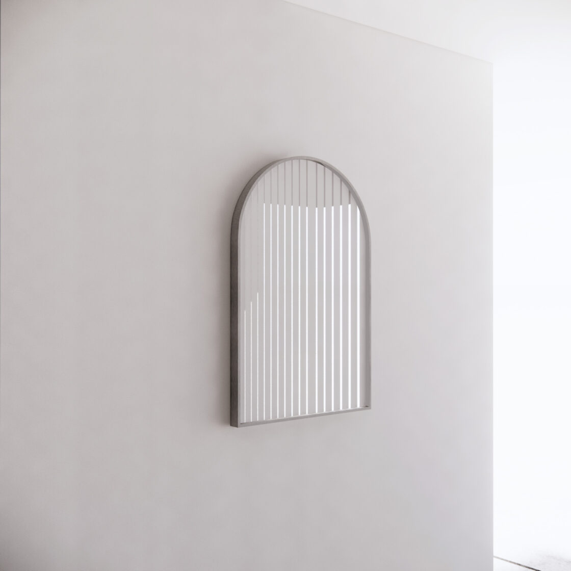 Modern arched bathroom mirror with vertical lines on light wall, Secasa Home style