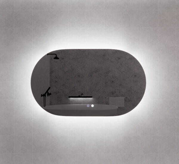 Oval LED bathroom mirror with backlight on tiled wall, modern vanity reflection, Secasa Home