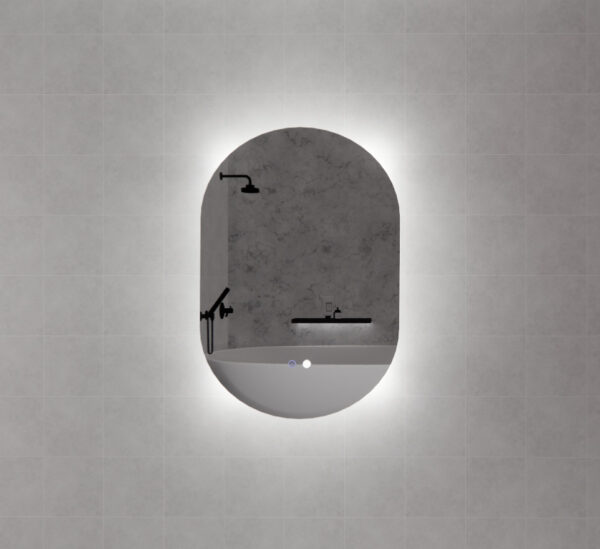 Modern oval LED bathroom mirror with backlight on grey tile wall, Secasa Home