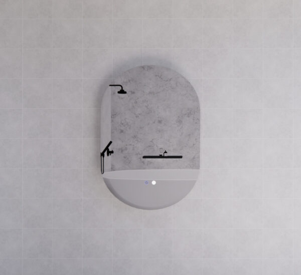 Modern oval LED bathroom mirror with marble finish on tiled wall, Secasa Home style