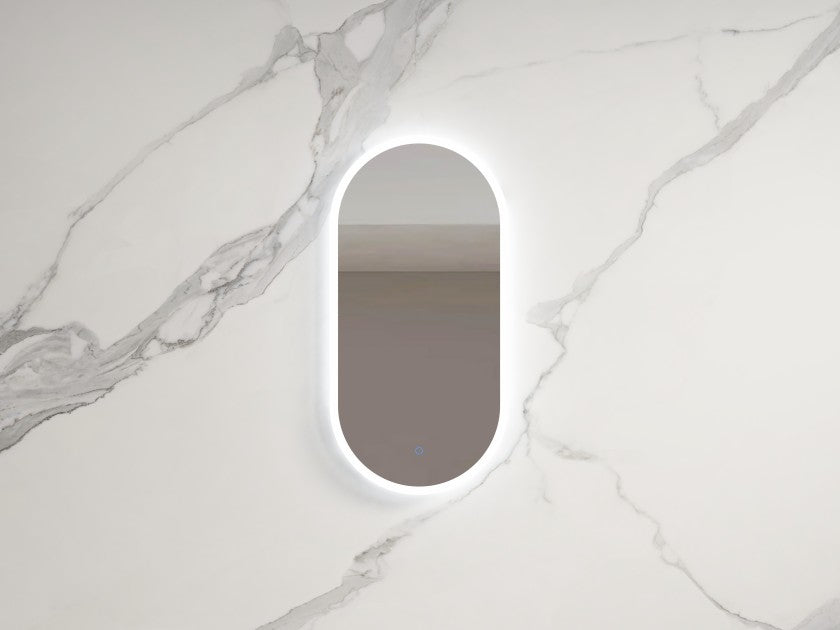 Modern oval LED bathroom mirror with backlight on marble wall, Secasa Home