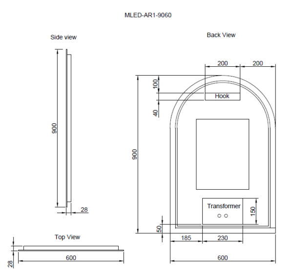 Technical drawing of Secasa Home arched LED bathroom mirror, 900x600mm, with side, top, and back views