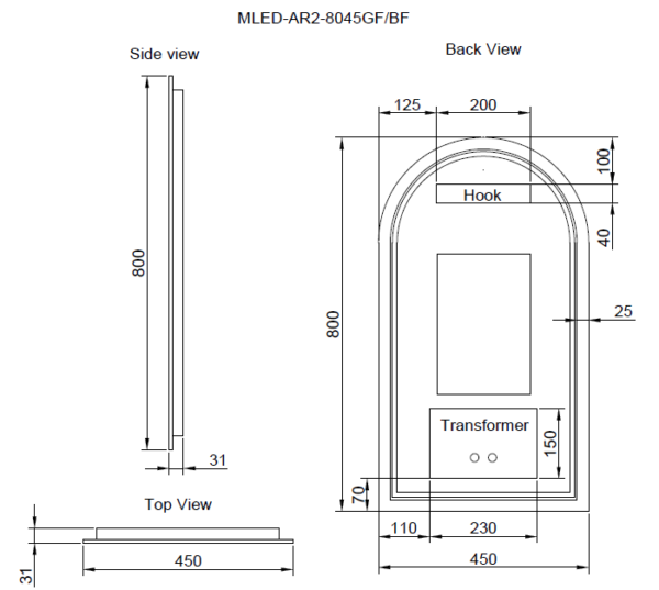 Technical diagram of Secasa Home arched LED bathroom mirror, with dimensions and mounting details.