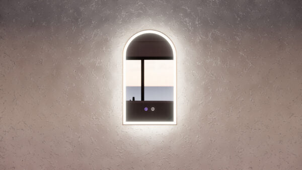 Modern arched LED bathroom mirror with backlighting on textured wall, Secasa Home