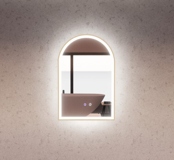 Modern LED arched bathroom mirror with backlight, reflecting a minimalist vanity