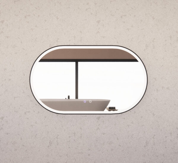 Modern oval LED bathroom mirror with touch controls, featured in a minimalist Secasa Home setting.