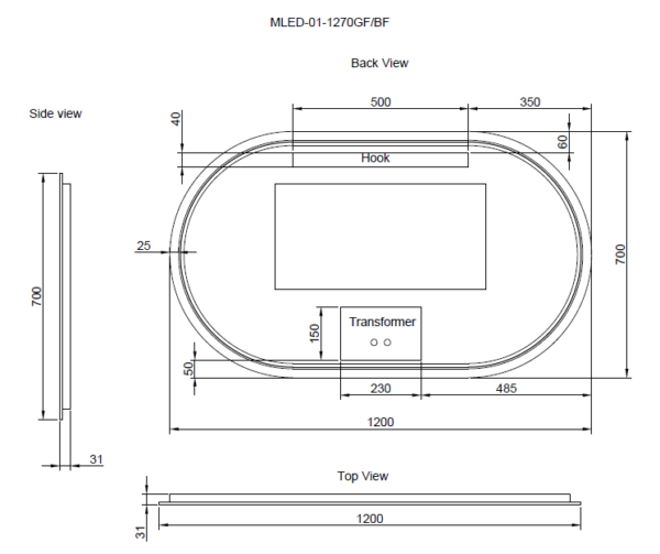Technical drawing of oval LED bathroom mirror with dimensions, for Secasa Home renovation products.