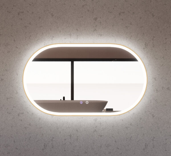 Modern oval LED bathroom mirror with illuminated frame and contemporary basin, Secasa Home