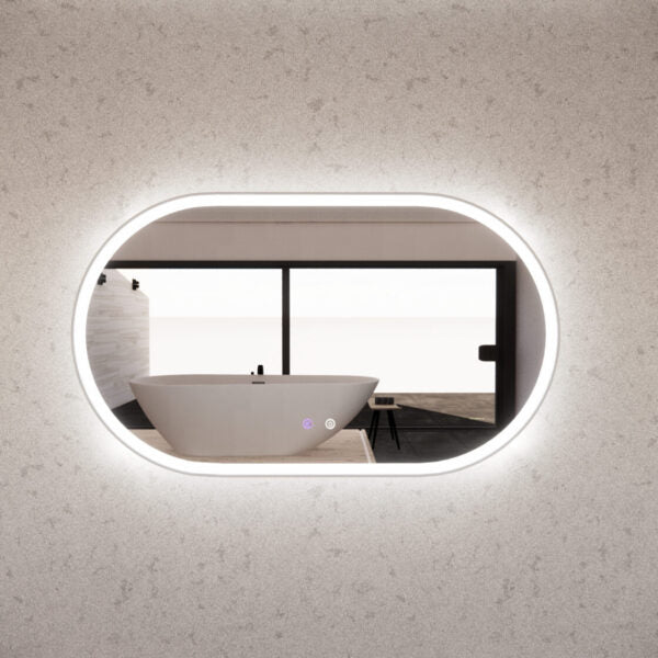 Modern oval LED bathroom mirror reflecting a freestanding bath in a stylish Secasa Home interior
