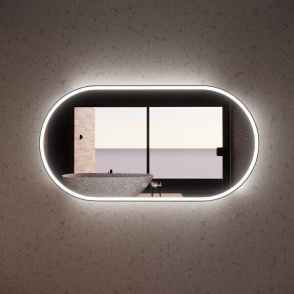 Modern oval LED bathroom mirror reflecting a freestanding bath, Secasa Home style