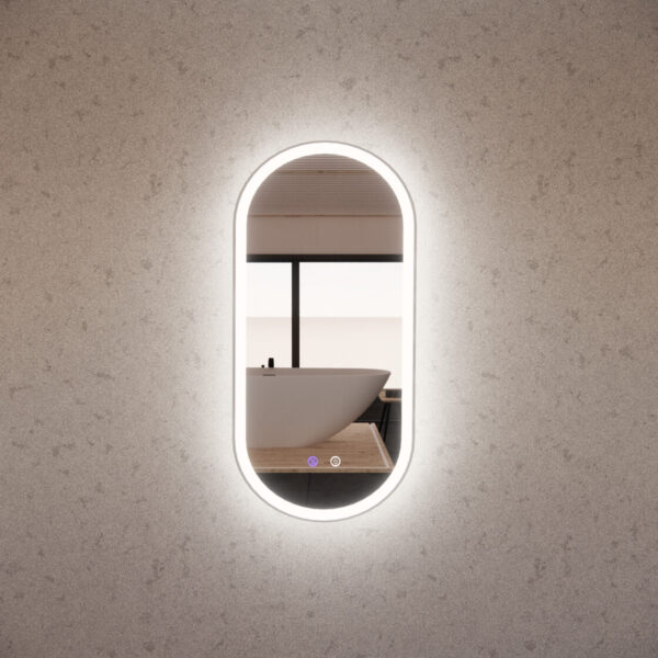 Oval LED bathroom mirror on marble wall reflecting modern freestanding bathtub, Secasa Home