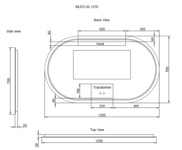 Oval LED mirror technical drawing with dimensions, ideal for Secasa Home modern bathroom vanities.