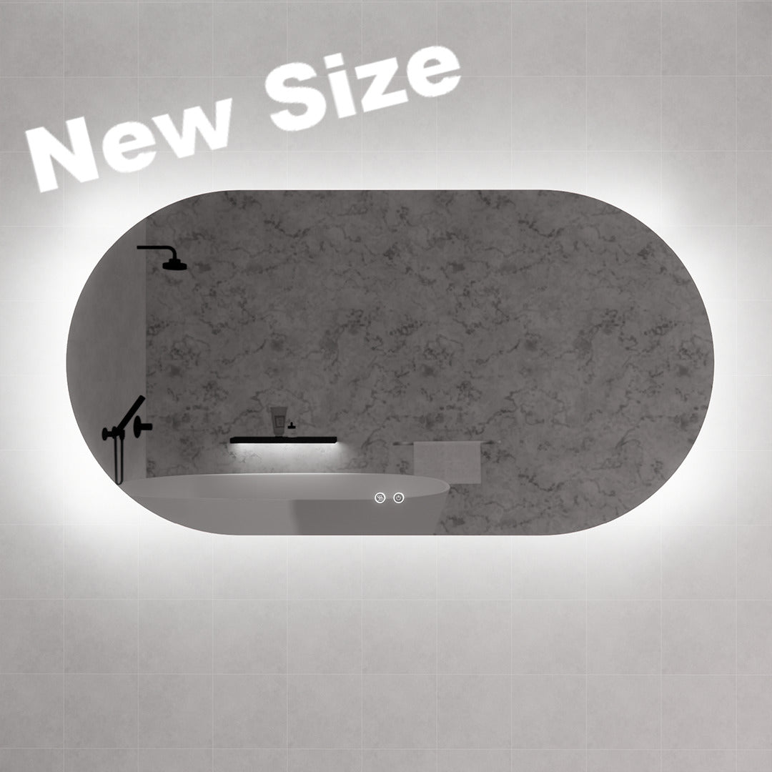 Oval LED bathroom mirror with backlight and 'New Size' text, modern design from Secasa Home