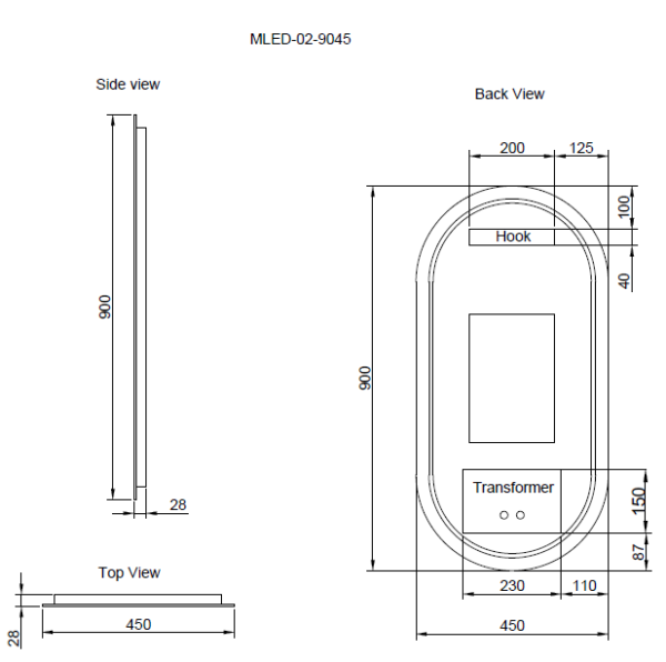 Technical drawing of MLED-02-9045 oval LED bathroom mirror, 900x450 mm, side and back views, Secasa Home.