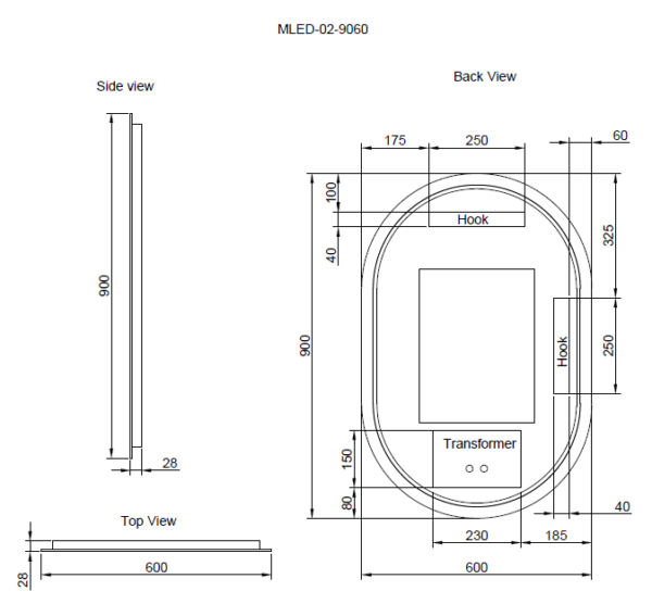 Technical drawing of Secasa Home MLED-02-9060 oval LED bathroom mirror with dimensions