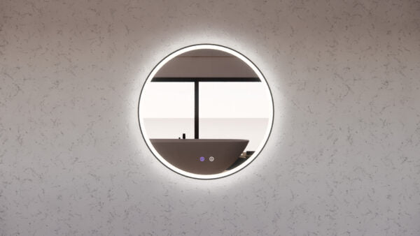 Round LED bathroom mirror with touch controls reflecting modern vanity, Secasa Home style