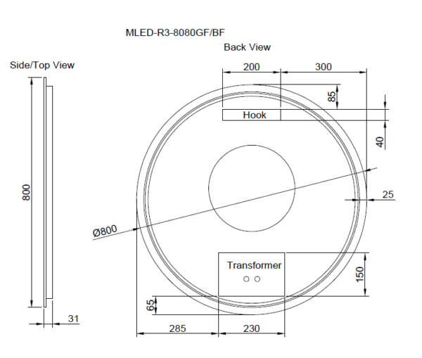 Secasa Home round LED mirror technical drawing with dimensions and installation details