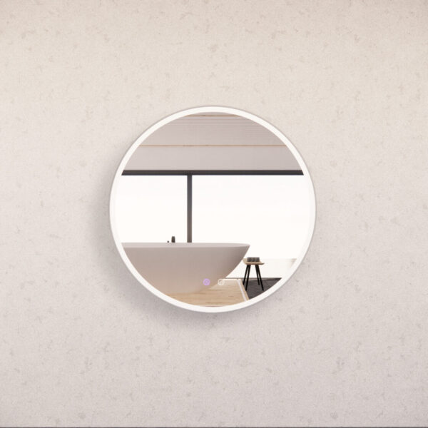 Round LED bathroom mirror reflecting modern freestanding bath and side table, Secasa Home