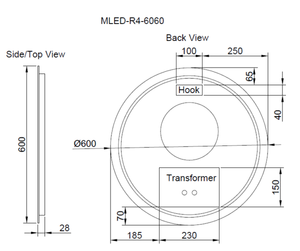 Secasa Home MLED-R4-6060 round LED mirror technical drawing, 600mm diameter, side and back view with hook and transformer details