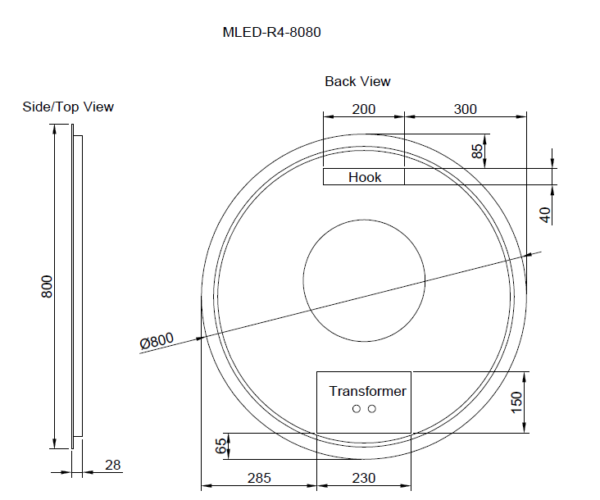 Technical drawing of round Secasa Home LED mirror MLED-R4-8080 with measurements and labeled hook and transformer